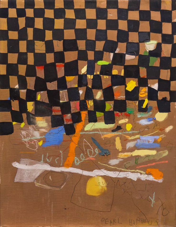 "Pearl Harbour", 2023. Oil pencil and pastel on canvas 90x70cm