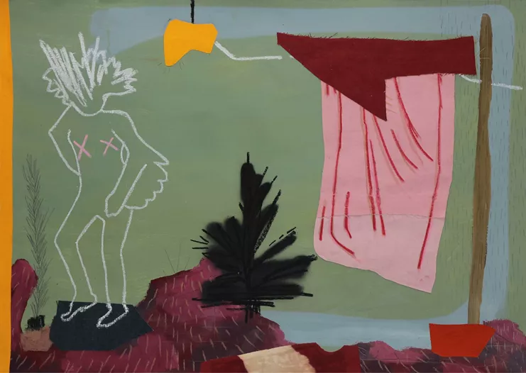 Ανέστης Ιωάννου, &quot;Birdman and pink cloth, 2024, 70x100cm, acrilycs, pencil, oil pastel, spraypaint and textiles on paper