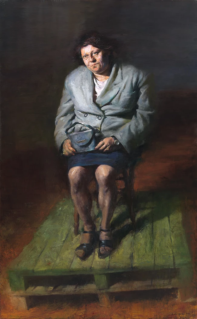 Η Ιωάννα κρατώντας τσάντα, 2004, λάδι σε μουσαμά, 10 x 130 εκ. Συλλογή Σωτήρη Φέλιου