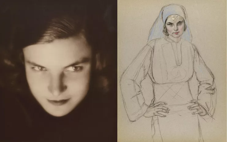 Nelly’s (Έλλη Σουγιουλτζόγλου-Σεϊραδάρη). Η Ειρήνη Καλλιγά, το γένος Μπενάκη, 1932 (αριστερά). Nicolas Sperling, "Γυναικεία μορφή με ενδυμασία από την Ανατολική Ρωμυλία (Καβακλί)", παστέλ και μολύβι σε χαρτί. Εικονίζεται η Ειρήνη Καλλιγά (δεξιά) (Μουσείο Μπενάκη)
