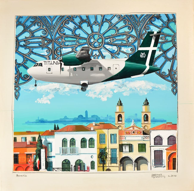 Titania-flight TIT123 to Venice acrylic, gouache & oil on canvas, 070X070 cm. 2020