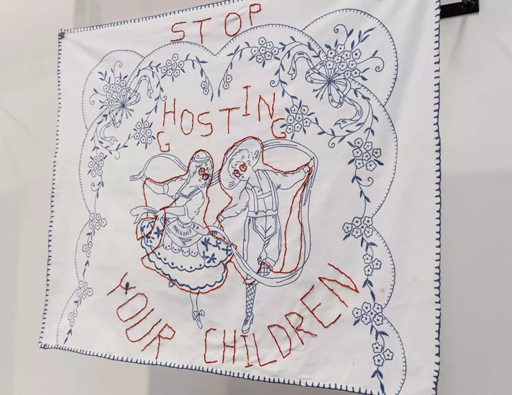 Stop ghosting your children, 2021, embroidery on found fabric, 80x68 cm