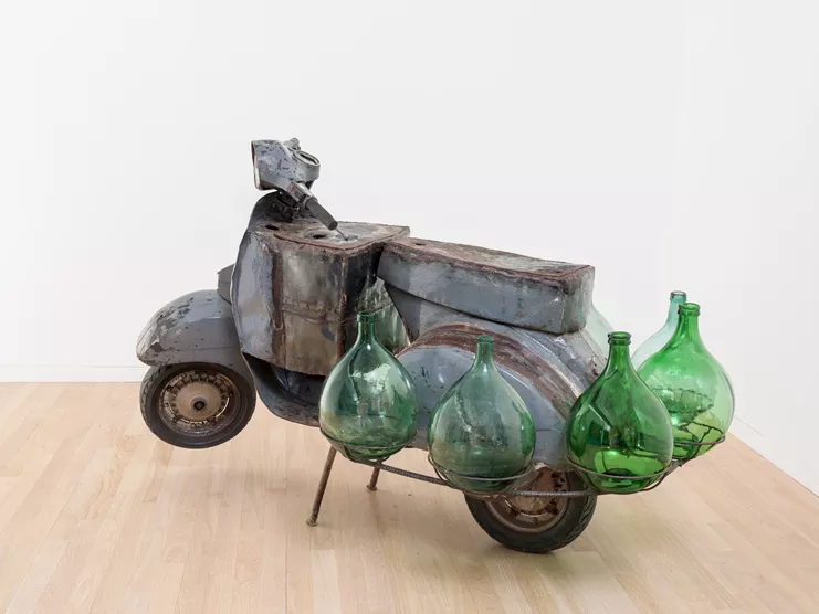Romuald Hazoumè, "ZoCooter", 2019. Metal and glass. 78 3/4 x 47 1/4 x 46 1/2 inches (200 x 120 x 118 cm)