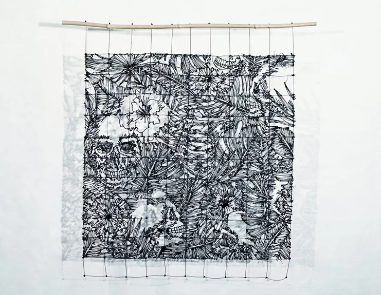 «Newland Ιnfection», 2022, resin, thread, reed, 116 x113 cm