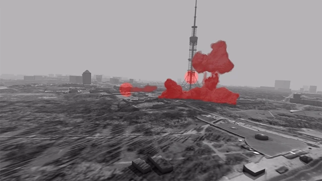 the Kyiv TV Tower video still 2022 Courtesy and copyright Forensic Architecture and Center for Spatial Technologies