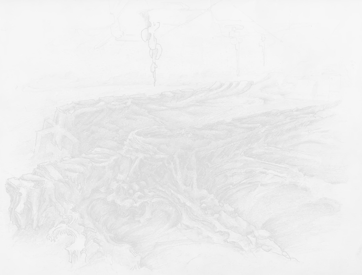 Αύγουστος Βεϊνόγλου. Ontology of the coastline, German Bunker, mediated drawing from not a dream. Ζωγραφική με μολύβι και στυλό.