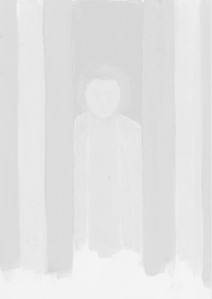 Ανδρέας Βουρλούμης Μορφή πίσω από σκηνή, 1959. Αυγοτέμπερα σε χαρτί, 24x17 εκ. Ιδιωτική συλλογή