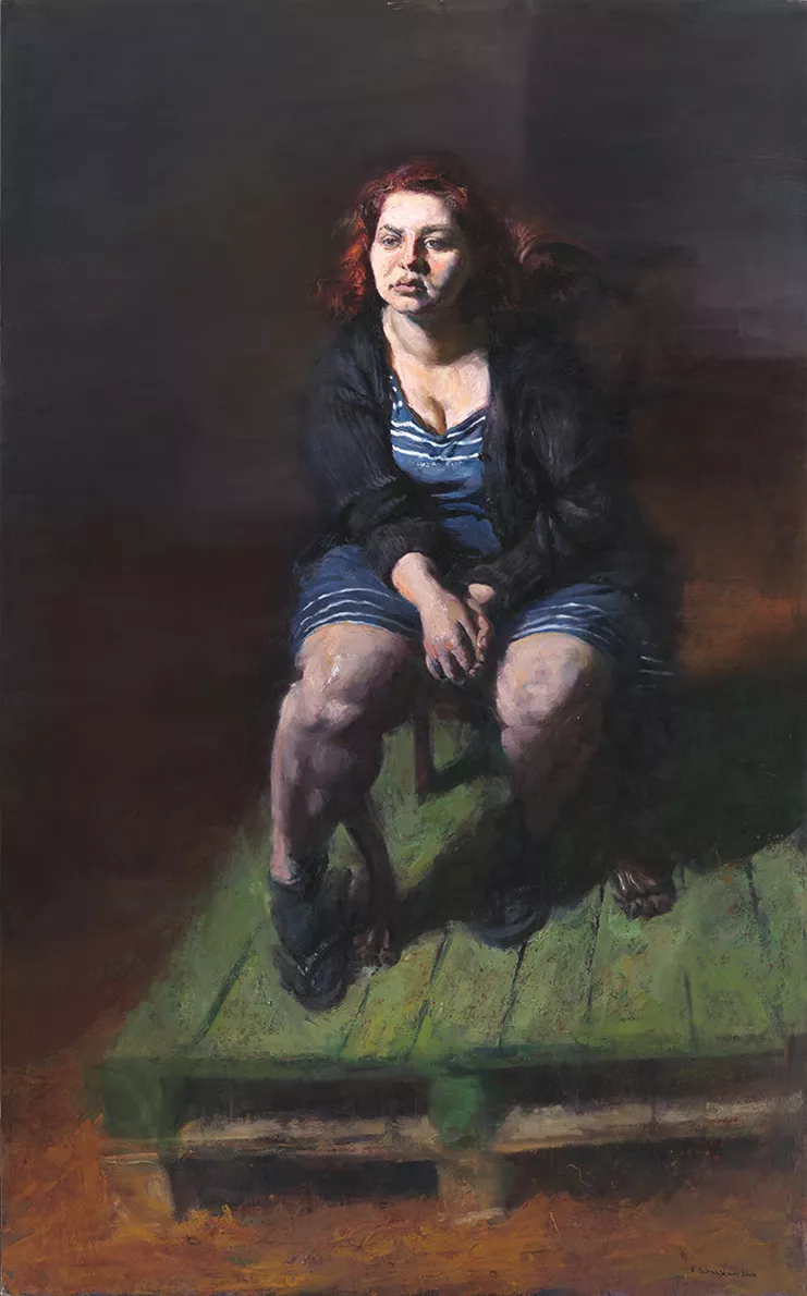 Η Μυρτώ με ριγέ φόρεμα, 2004, λάδι σε πανί, 210 x 130 εκ, Συλλογή Σωτήρη Φέλιου