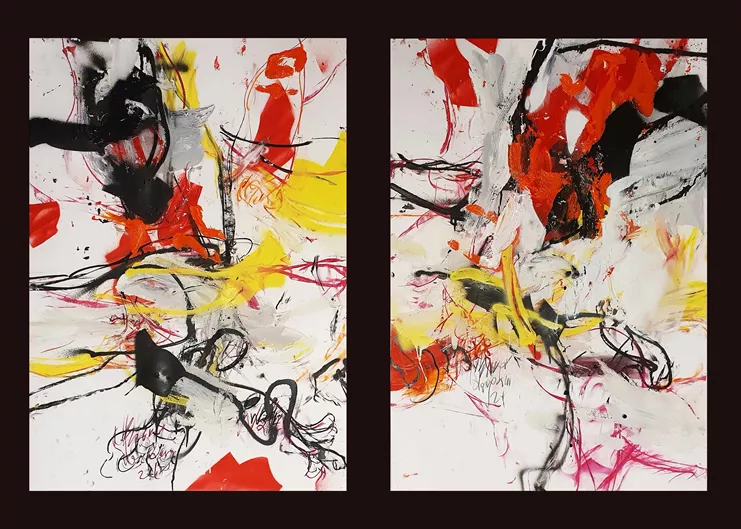 Νίκος Βισκαδουράκης, Χωρίς τίτλο (δίπτυχο), 2024, ακρυλικό και παστέλ σε χαρτί, 100 × 70 εκ (έκαστο)