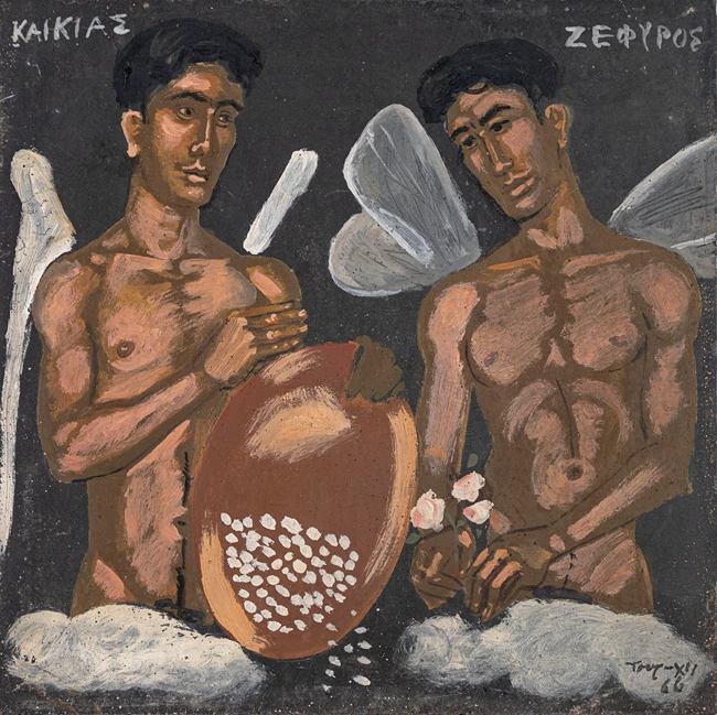 Lot16, Γιάννης Τσαρούχης, Καικίας και Ζέφυρος, ακρυλικό σε πλακάκι, 30 x 30 cm, € 12.000-16.000