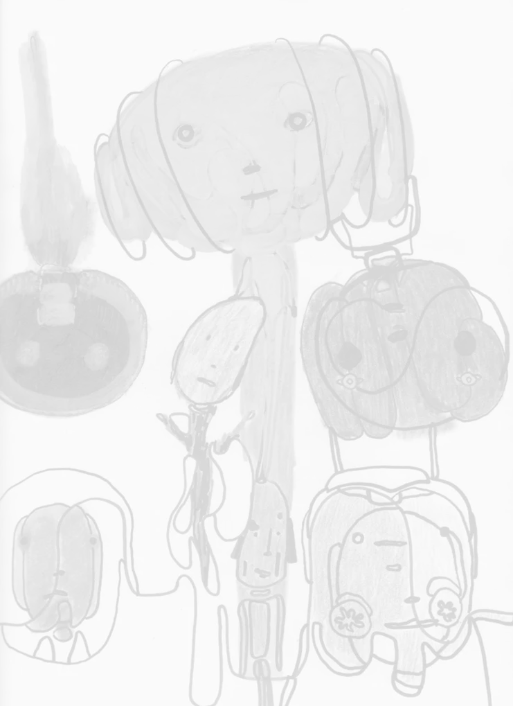 &quot;Μητέρα με παιδιά&quot;, 2021. Μαρκαδόροι, ξυλομπογιές, μελάνι, μπλάνκο σε χαρτί, 22x30εκ. Ευγενική παραχώρηση της Αίθουσας Τέχνης Ρεβέκκα Καμχή και τουκαλλιτέχνη