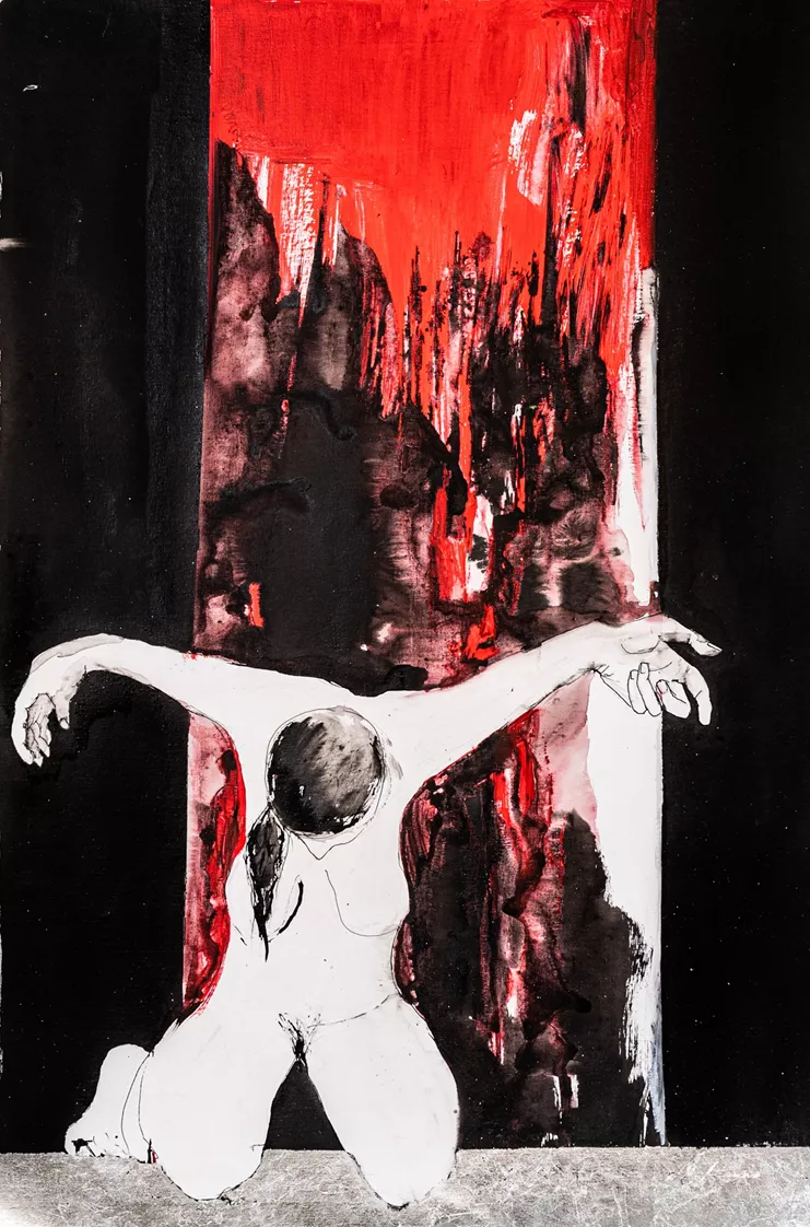 «Αντιγόνη», μικτή τεχνική σε χαρτί, 100 χ 70 εκ., 2023