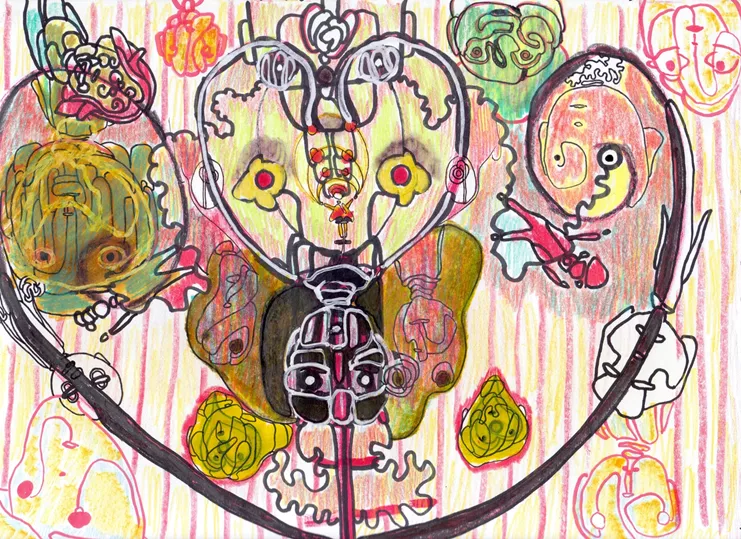 "Ραντεβού του Αγίου Βαλεντίνου", 2021. Μαρκαδόροι, ξυλομπογιές, μελάνι, μπλάνκο σε χαρτί, 22x30εκ. Ευγενική παραχώρηση της Αίθουσας Τέχνης Ρεβέκκα Καμχή και του καλλιτέχνη