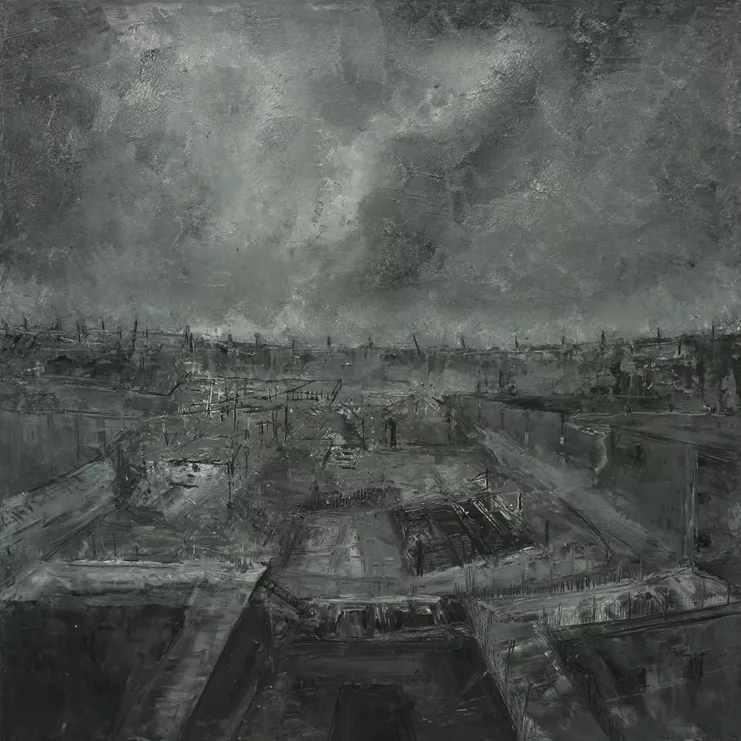 Ανδρέας Μητρόπουλος, "Urbanscape", 2015. Λάδι σε ξύλο, 55x55 εκ.