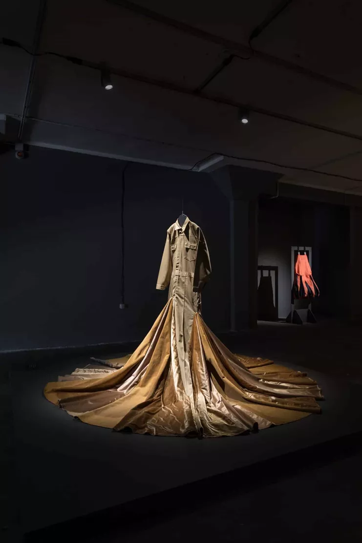 Hannah Toticki. Installation view (1st Riga International Biennial of Contemporary Art, Latvia): Work Free Coverall, 2018;Rain Guard, 2018. Courtesy of the artist Photo: Ivan Erofeev