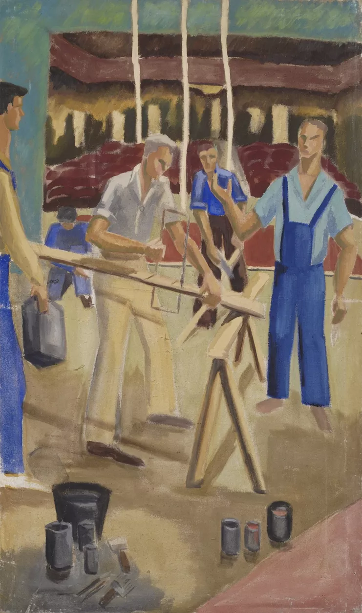 Το συνεργείο κατασκευάζει σκηνικά επί σκηνής του Ελευθέρου Θεάτρου, περ. 1952, ελαιογραφία σε καμβά, 83,5 × 49,5 εκ., συλλογή Χριστίνας Αραβαντινού