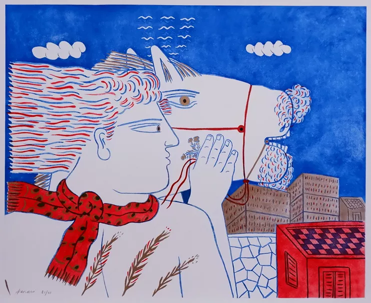 Αλέκος Φασιανός, «Ο άνθρωπος και το άλογο», 2008, μελάνι με ζάχαρη και τονική οξυγραφία, 2 μήτρες ψευδαργύρου διαστάσεων 81 x 65 εκ.