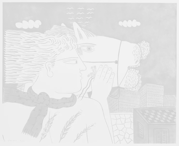 Αλέκος Φασιανός, «Ο άνθρωπος και το άλογο», 2008, μελάνι με ζάχαρη και τονική οξυγραφία, 2 μήτρες ψευδαργύρου διαστάσεων 81 x 65 εκ.