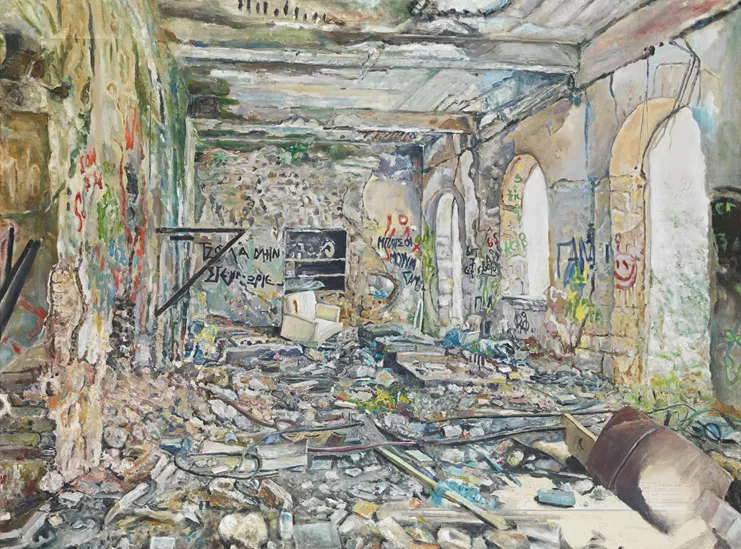 2023, λάδι σε παλιό σχέδιο συναρμολόγησης εφαρμοσμένο σε καμβά, 100 x 134 εκ.