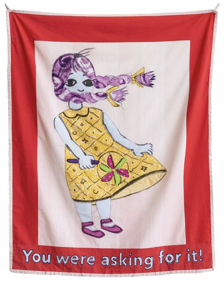 "You were asking for it!", 2025, σεντόνια, κλωστή, μελάνι για ύφασμα, 91,5 x 71 εκ.