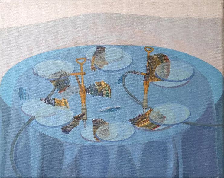 Δημήτρης Χρηστίδης, «Nature morte with compressors», 2004, Acrylics on canvas, 24 x 30 cm.