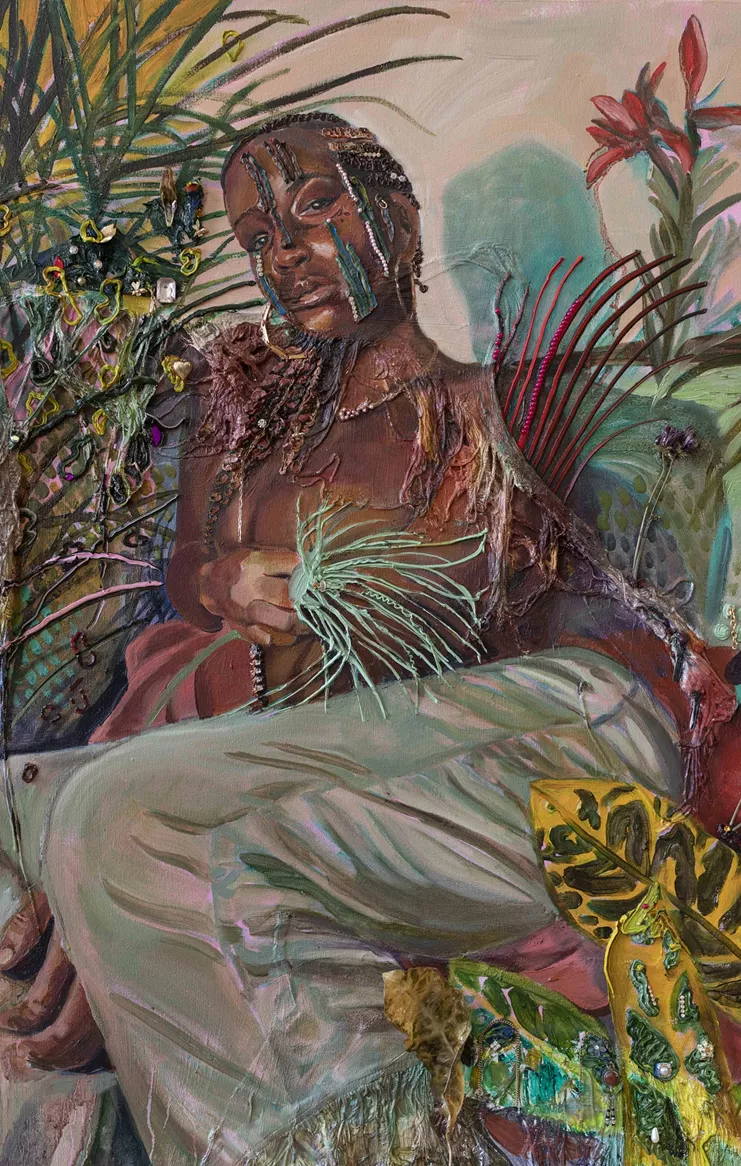 Gisela McDaniel, «Bow Down». Oil on canvas, found objects, resin, sound, 2019