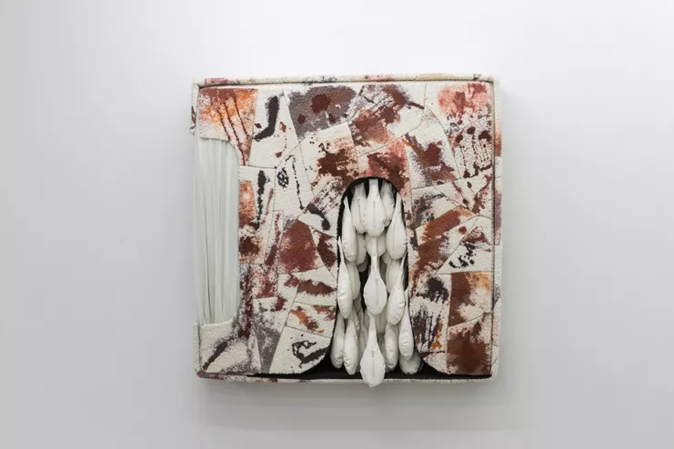 Ελένη Χριστοδούλου, &quot;The Oracle&quot; (subspace series), 2019 synthetic leather, wool, voile fabric, natural dyes 102 x 103 x 23 cm. © the artist. Courtesy the artist and The Breeder, Athens