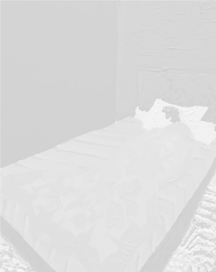 Δημήτρης Γερούκαλης, Το κρεβάτι, 2022, μεικτή τεχνική σε καμβά, 40 x 30 εκ.