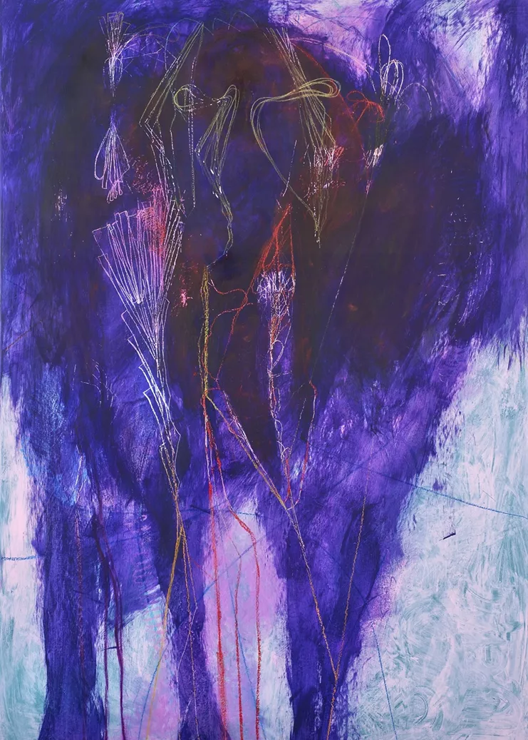 Not yet titled, 2023. Oil paint, flashe, acrylic polymer, pigment, oil pastel on linen 195 x 130 cm