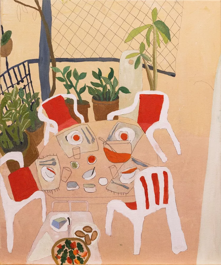 "Choosing Gazpacho in the terrace", 2023. Oil on canvas 60x50cm