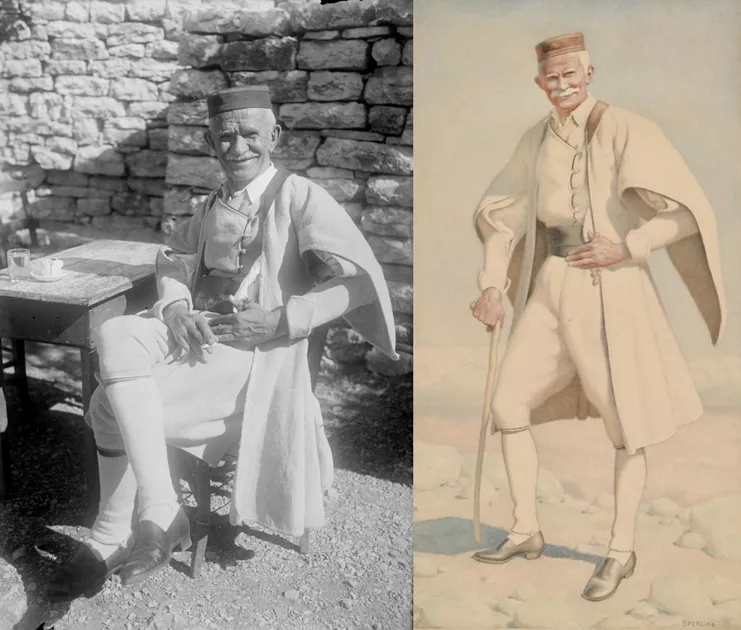 Σπύρος Μελετζής, ο Ιωάννης Βλαχιώτης από την Κάτω Μερόπη Πωγωνίου, 1937-38 (αριστερά). Nicolas Sperling, "Χωρικός Πωγωνίου", υδατογραφία σε χαρτί. Εικονίζεται ο Ιωάννης Βλαχιώτης (δεξιά) (Μουσείο Μπενάκη)