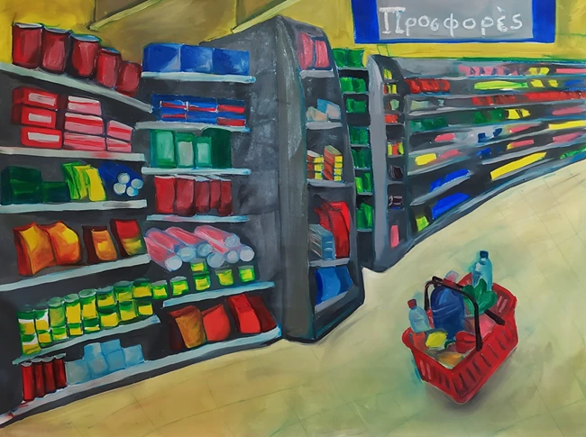 Marilia Kolibiri, Check the Offers, 2022, Oil and oil stick on canvas, 200 x 170 cm, Courtesy of the Artist