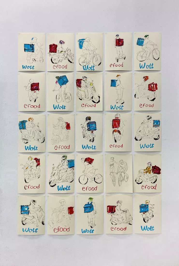 Δημήτρης Μανταδάκης, Διανομείς φαγητού, 2023, λαδοπαστέλ και μολύβι σε χαρτί, 110 x 160 εκ.