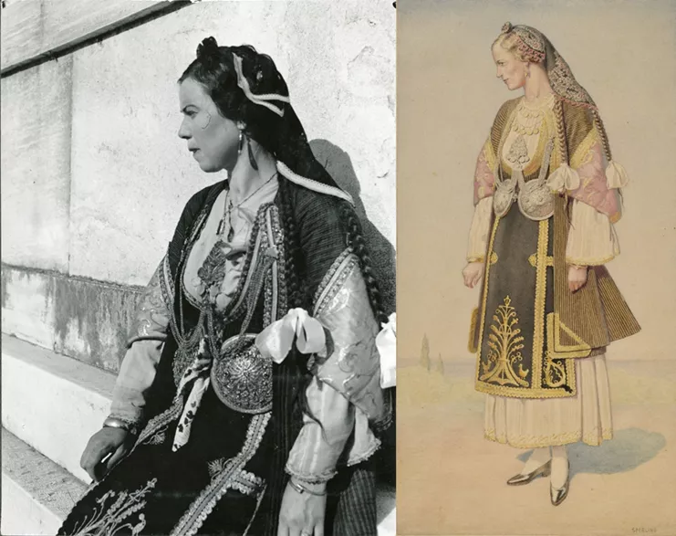 Μαρία Χρουσάκη, γυναίκα από τον Αλμυρό Βόλου στο Παναθηναϊκό Στάδιο κατά τη διάρκεια των εορτών της 4ης Αυγούστου 1937-40 (Φωτογραφικό Αρχείο Εθνικής Πινακοθήκης - Μουσείου Αλεξάνδρου Σούτσου) (αριστερά). Nicolas Sperling, "Αλμυρός", υδατογραφία σε χαρτί. Βασίζεται στη φωτογραφία της Μ. Χρουσάκη (Μουσείο Μπενάκη) (δεξιά)