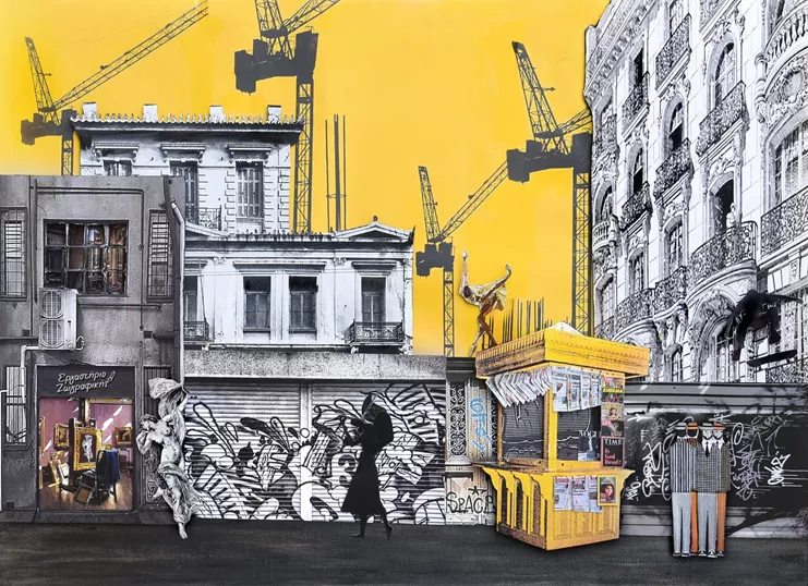 «Από Ηρώδου Αττικού στο Σύνταγμα», 50x70 cm., μεικτή τεxνική, τρισδιάστατη πολυεπίπεδη σύνθεση