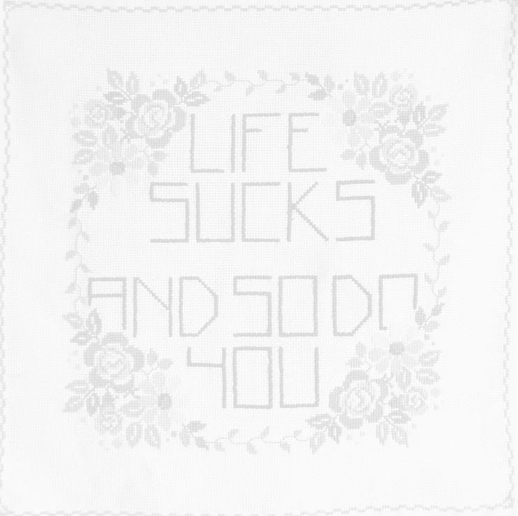 Life sucks and so do you, 2022, embroidery on found fabric, 60x60 cm