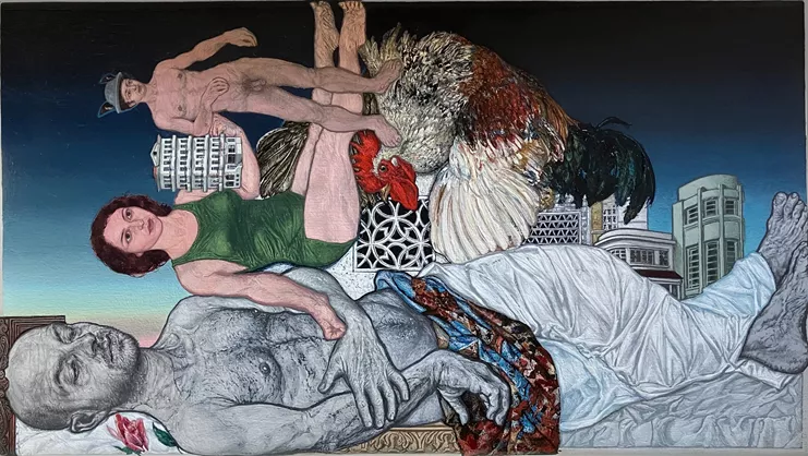 Εμμανουήλ Μπιτσάκης, "Ο Αρχάγγελος Μιχαήλ είχε έναν κόκορα", 2004-2005, Λάδι σε καμβά, 13 x 33 εκ.