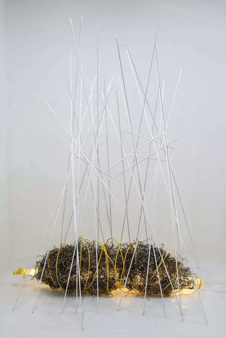 &quot;Επώαση&quot; 2019. Σίδηρος / ανοξείδωτα ρινίσματα σιδήρου / πλέξιγκλας / φως/ 237Χ175Χ135 εκ.