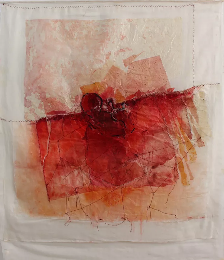 Εγκατάσταση, ντουλάπα ξύλινη , μεταλλικά στηρίγματα, ήχος, φως, ύφασμα, ψαλίδι, σχέδια, λάδι σε καμβά