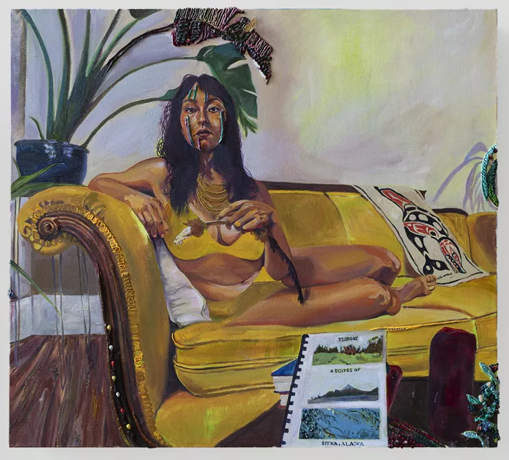 Gisela McDaniel, «Speaking Seeds». Oil on canvas, found object, corn and seed, sound on usb, 101.6 x 91.4 x 14 cm., 2020