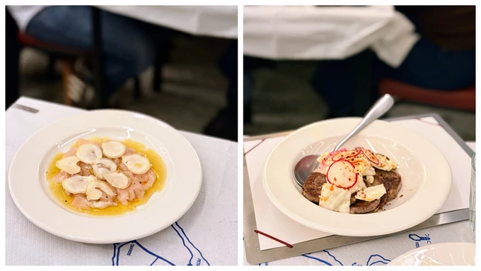 Σφυριδα Crudo και γλώσσα μοσχαρίσια στο εστιατόριο Ζιγκοάλα