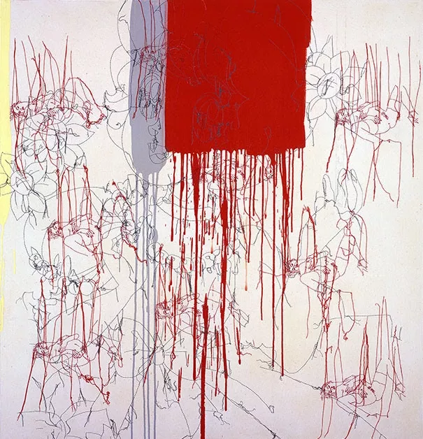 Ghada Amer, "The Little Girl", 2001. Ακρυλικό και κέντημα σε καμβά 132 × 127 εκ. Μέρος της Δωρεάς Συλλογής Δ. Δασκαλόπουλου. Συλλογή του Εθνικού Μουσείου Σύγχρονης Τέχνης (ΕΜΣΤ)