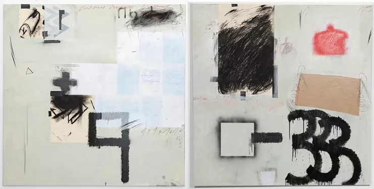 Capto Dio, Ενότητα Αδράχνοντας το κενό, 2020 - 155 x 310 εκ. (Δίπτυχο: δύο καμβάδες 155 x 155 εκ. αντίστοιχα. Λαδομπογιά, κολάζ, χαρτί, γραφομηχανή, κάρβουνο, γραφίτης, ξηροπαστέλ, μαρκαδόρος, ακρυλικό σε καμβά). Ευγενική παραχώρηση της Συλλογής Aaron Rothstein