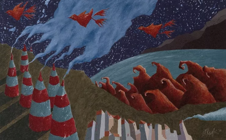 «Απογευματινή πτήση πάνω από λουτρόπολη», 2022, Aκρυλικό σε καμβά, 28Χ45εκ.