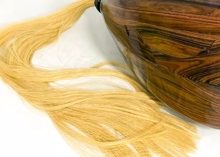 Artwork detail | Antrea Tzourovits, «Three Windows, Two Tails, and the Hum», 2025 | 80 x 50 x 50 cm | 31.5 x 19.7 x 19.7 in | Bolivian rosewood, horse hair used for cello bows, musical instrument binding purfling strips, stainless steel cello end pin, varnish\