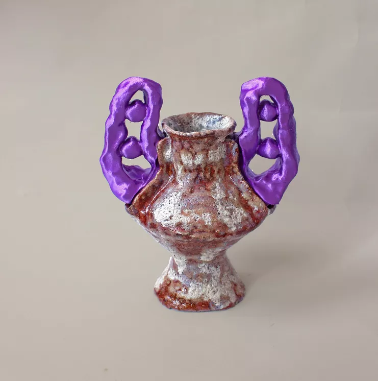 Natalia Triantafylli, "Cyber Bubble Amphora", 2024. Stoneware &amp; 3D printed PLA, 20x16x16cm. Courtesy of the artist.