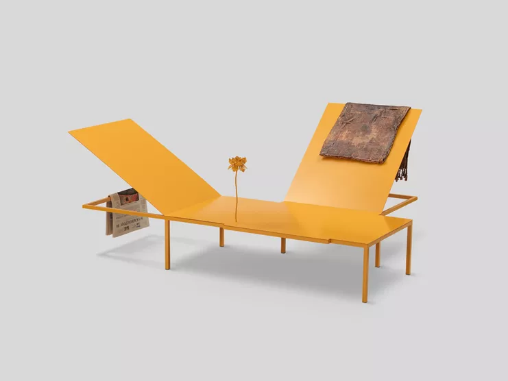 Vasilis Papageorgiou, &quot;Sunbed VII&quot;, 2024, Painted steel, copper plated beach towel, newspaper, 185 × 125 × 81 cm, Unique, Courtesy the artist and Callirrhoë, Athens