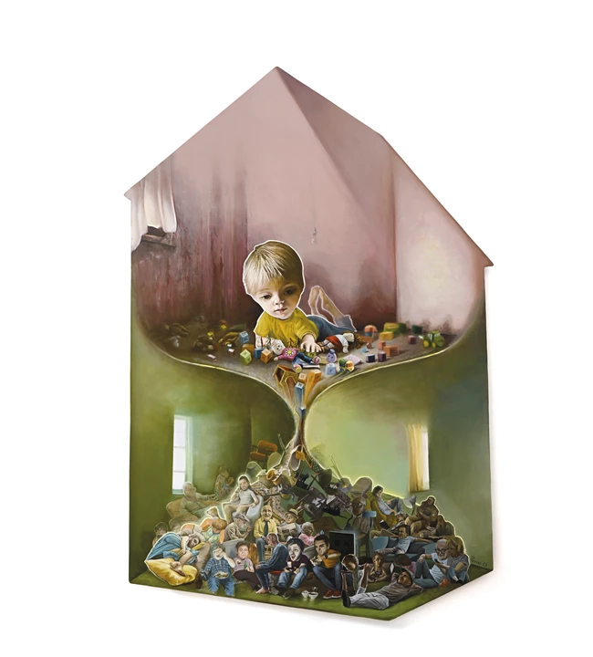 Κλεψύδρα, 2021, λάδι σε ντεκουπαρισμένο καμβά, 105Χ155εκ.