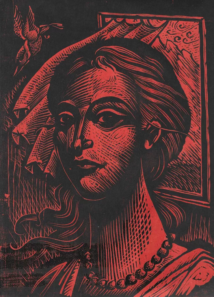 Φώτης Βάρθης, "Στεφανία (μπροστά απ' τη Νιάλα, κόκκινο)", ξυλογραφία 27 x 20εκ., 2023