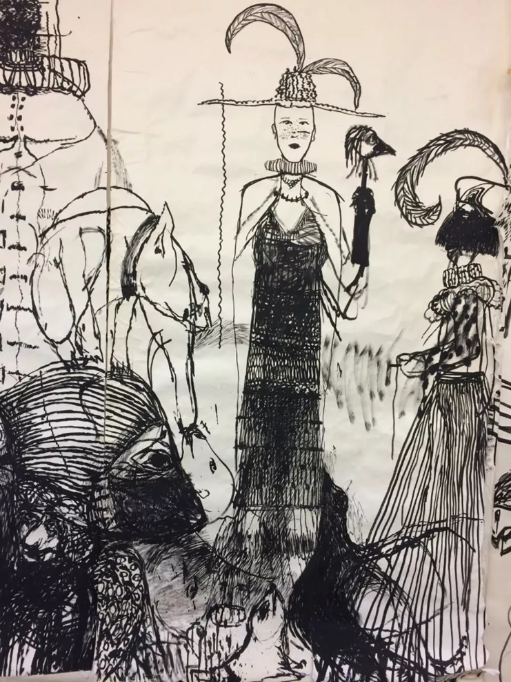 "Οικογενειακή συνάντηση", 1993. Ακρυλικό σε χαρτί, 180x300εκ. Ευγενική παραχώρηση του καλλιτέχνη